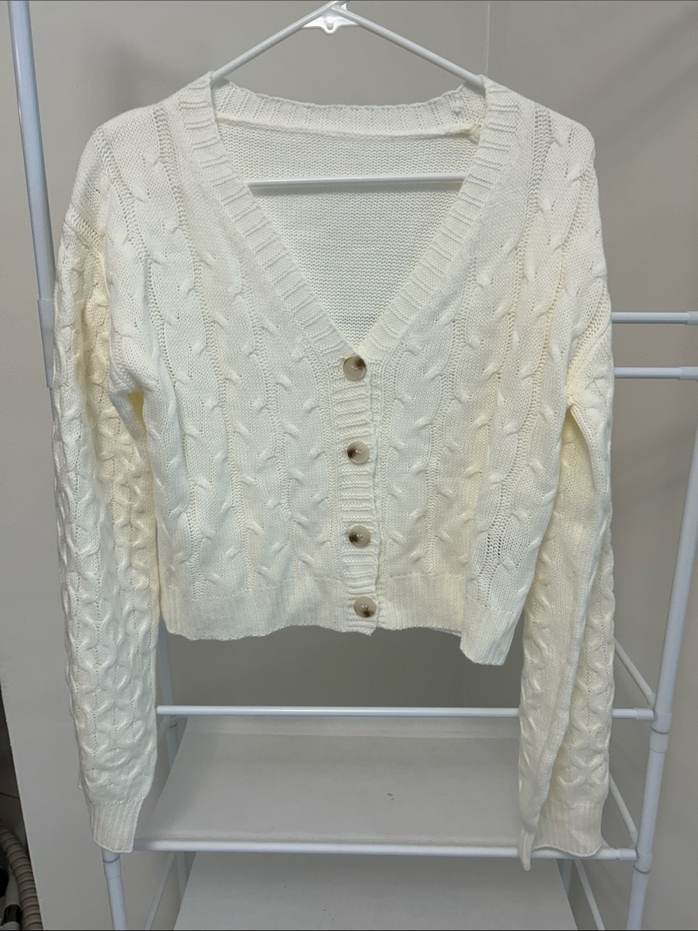 SHEIN Cream Cable Knit V-Neck Button Cardigan